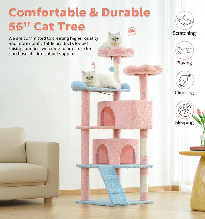 MADE 4 PETS Cat Tree 54-Inch Contemporary Design with Sisal Scratching Post & Climbing Ladder for Small Medium Cats Play House Condo