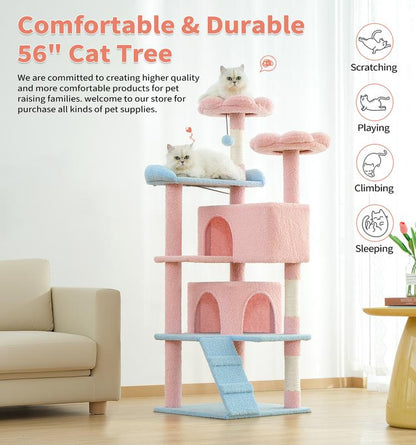 MADE 4 PETS Cat Tree 54-Inch Contemporary Design with Sisal Scratching Post & Climbing Ladder for Small Medium Cats Play House Condo